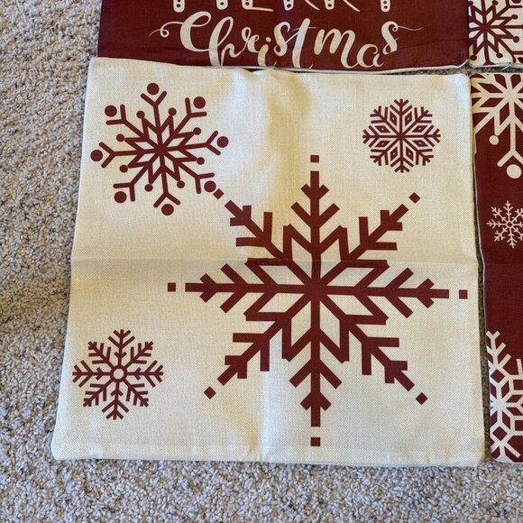 Set Of 4 Merry Christmas Let It Snow Snowflake Red Beige Pillow Covers 18x18" - Picture 3 of 6
